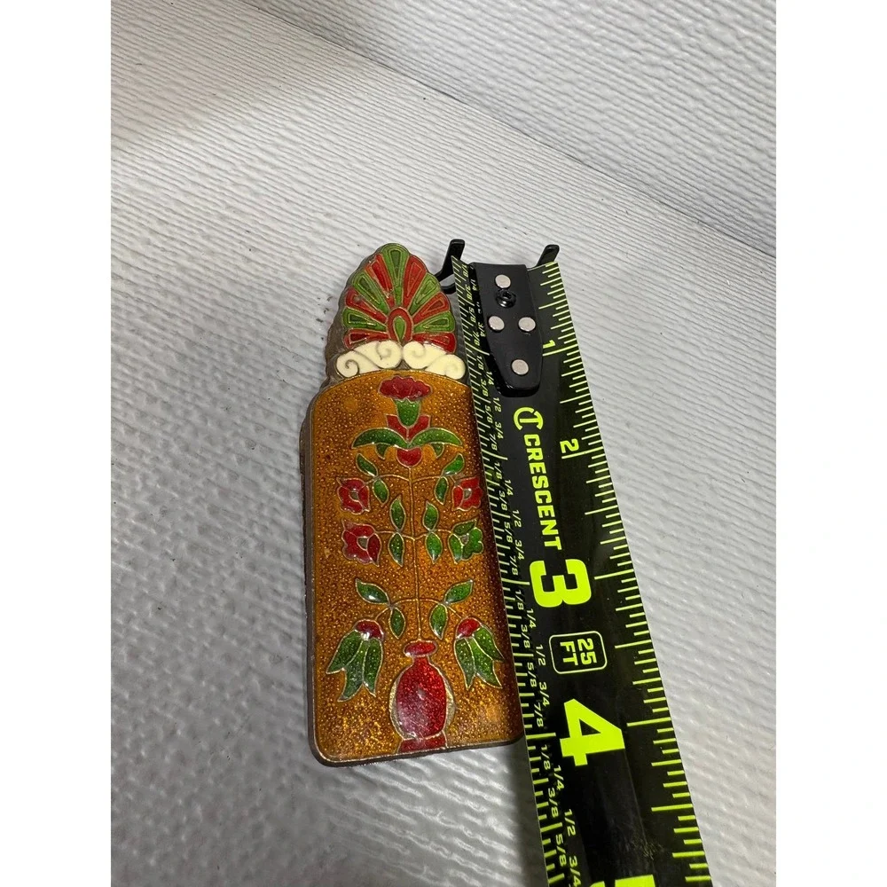 Vintage Brass Greek Cloisonne Enamel Money Clip Floral Nautical Sailing Ship